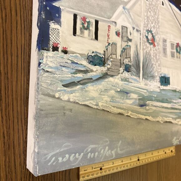 Original Signed Christmas Architecture Painting Snowy Starry Winter Sky - Picture 4 of 10